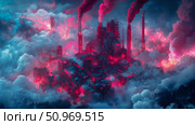Dystopian cityscape glowing with crimson light and emitting vibrant pink pollution, partially obscured by heavy blue and white clouds, creating an otherworldly industrial landscape. Стоковое AI-изображение, AI-художник Данила Большаков / Фотобанк Лори
