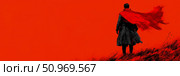 Dramatic graphic illustration of a lone, cloaked figure with a vibrant red cape standing on a desolate landscape against a stark red background, evoking a sense of powerful determination and epic journey. Стоковое AI-изображение, AI-художник Данила Большаков / Фотобанк Лори
