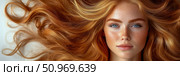 Close-up portrait of a captivating young woman with striking blue eyes, abundant natural freckles, and luxurious, flowing red-blonde wavy hair beautifully fanned out. Стоковое AI-изображение, AI-художник Данила Большаков / Фотобанк Лори