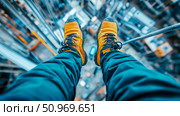First-person perspective of a person's bright yellow boots and blue pants dangling high above a blurred urban landscape, conveying a thrilling sense of adventure and extreme height. Стоковое AI-изображение, AI-художник Данила Большаков / Фотобанк Лори
