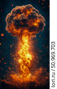 Massive fiery mushroom cloud explosion erupting with intense orange and red flames against a dark, star-filled cosmic background, scattering glowing debris. Стоковое AI-изображение, AI-художник Данила Большаков / Фотобанк Лори