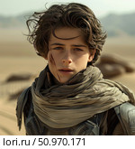 Portrait of a young hero in the desert, dressed in futuristic armor and a scarf to protect him from the sand. His face has light battle scratches, his gaze is confident and focused. The atmosphere of the frame refers to post-apocalyptic or sci-fi stories, with elements of survival and inner strength. Suitable for illustrating themes of heroism, science fiction, cinema and video games. Стоковое AI-изображение, AI-художник Анна Кривицкая / Фотобанк Лори