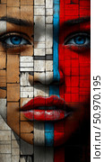 Visually striking fragmented portrait of a woman, composed of textured rectangular blocks in rich brown, stark white, and bold red, dramatically bisected by a vivid blue stripe, highlighting a mosaic of identity and emotion. Стоковое AI-изображение, AI-художник Данила Большаков / Фотобанк Лори