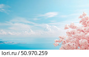 Breathtaking Spring Panorama: Delicate Pastel Cherry Blossoms Framing a Calm Blue Ocean and Expansive Sky with Distant Coastal City. Стоковое AI-изображение, AI-художник Данила Большаков / Фотобанк Лори