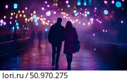 A couple walks hand-in-hand through a vibrant, dreamlike night street adorned with dazzling purple, pink, and blue bokeh lights reflecting on the wet ground, creating a romantic atmosphere. Стоковое AI-изображение, AI-художник Данила Большаков / Фотобанк Лори