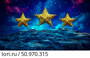 Three majestic golden stars ascend above a rugged, mysterious landscape against a breathtaking cosmic blue and purple night sky. Стоковое AI-изображение, AI-художник Данила Большаков / Фотобанк Лори