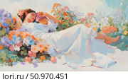 A tranquil, sun-drenched oil painting of a young woman gracefully resting amidst a vibrant meadow of colorful wildflowers, evoking serene summer dreams. Стоковое AI-изображение, AI-художник Данила Большаков / Фотобанк Лори