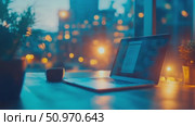 Productive evening scene with a glowing computer screen and soft bokeh city lights outside a window. Стоковое AI-видео, аниматор Данила Большаков / Фотобанк Лори