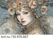 Portrait of a mysterious girl in Art Nouveau style, adorned with a rich wreath of flowers and precious stones. Cool pastel colors, refined details and elegant graphics create an atmosphere of fairytale beauty and aristocratic sophistication. Perfect for use in projects related to fashion, art, illustrations, jewelry, magazines and cards. Стоковое AI-изображение, AI-художник Анна Кривицкая / Фотобанк Лори