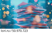 Towering stack of papers on desk with abstract light orbs in the distance, hinting at office work overload and administrative tasks. Стоковое AI-видео, аниматор Данила Большаков / Фотобанк Лори