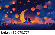 Romantic celestial night with a couple sitting near a big moon and lanterns under a starry sky with whimsical cloud formations. Стоковое AI-видео, аниматор Данила Большаков / Фотобанк Лори