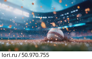 Baseball amidst a flurry of particles in a stadium scene, bathed in dramatic lighting and swirling with energy. Стоковое AI-видео, аниматор Данила Большаков / Фотобанк Лори