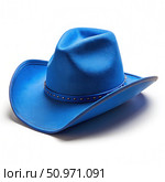 Blue Cowboy Hat With Leather Band And Studs Side View On White Background. Generative AI. Стоковое AI-изображение, AI-художник Roman Zavorotny / Фотобанк Лори