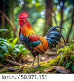 Colorful Bantam Rooster Standing on Moss in Lush Forest. Generative AI. Стоковое AI-изображение, AI-художник Roman Zavorotny / Фотобанк Лори