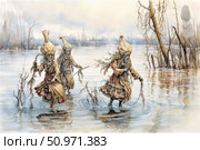 Atmospheric illustration in the style of Slavic fantasy, depicting three witches or mythical creatures walking along the shallows of a forest river. Their long robes, unusual headdresses and branches in their hands create an image of ancient magic and mystery. The gloomy winter landscape and dark water emphasize the mystical and slightly disturbing atmosphere of the scene. Ideal for decorating fairy tales, illustrations of myths, fantasy projects and concept art. Стоковое AI-изображение, AI-художник Анна Кривицкая / Фотобанк Лори