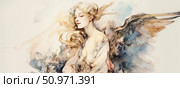 An elegant watercolor illustration depicting a gentle angel with flowing light hair and translucent wings. The figure is immersed in an atmosphere of light, ephemerality and inner peace. Light brushstrokes and a pastel palette create a feeling of airiness and dreaminess. Ideal for book design, postcards, spiritual and artistic projects dedicated to beauty, light and goodness. Стоковое AI-изображение, AI-художник Анна Кривицкая / Фотобанк Лори