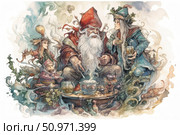 A fairy-tale style watercolor illustration depicting a gathering of magical creatures having a cup of tea. In the center is an old man with a long white beard and a red hat, surrounded by fantastic characters in bright clothes filled with details. The atmosphere of warmth, comfort and magic conveys the spirit of ancient legends and folklore. The composition is filled with small elements - jars of jam, fairy-tale plants, unusual creatures that create a sense of a living world. Ideal for decorating children's books, postcards, board games and holiday products. Стоковое AI-изображение, AI-художник Анна Кривицкая / Фотобанк Лори