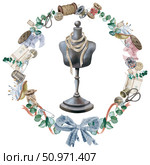 Watercolor illustration of vintage sewing accessories with bust. For the design of postcards, business cards, sewing blogs, master classes, notebooks, packaging of haberdashery, handicraft goods. Стоковая иллюстрация, иллюстратор Larisa Hamukova / Фотобанк Лори