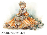 Watercolor illustration of a noble lady in a luxurious historical outfit with a lush dress and an exquisite headdress decorated with precious stones. The image is inspired by the Baroque or Rococo era, filled with grace, elegance and a fairy-tale atmosphere. Detailed drawing of fabrics, embroidery, flowers and the heroine's pose creates a sense of theatricality and royal grace. Suitable for book covers, historical projects, postcards, decor and art prints. Стоковое AI-изображение, AI-художник Анна Кривицкая / Фотобанк Лори