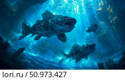 Submerged Giants: Massive Fish with Wide-Open Mouths Navigate a Vibrant, Light-Filled Underwater Grotto. Стоковое AI-изображение, AI-художник Данила Большаков / Фотобанк Лори