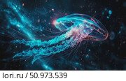Ethereal luminous marine animal with trailing filaments, gracefully navigating a deep blue abstract cosmos of shimmering light. Стоковое AI-видео, аниматор Данила Большаков / Фотобанк Лори
