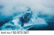 A massive commercial vessel cuts through a vast, fog-shrouded ocean, generating an impressive white wake. Стоковое AI-видео, аниматор Данила Большаков / Фотобанк Лори