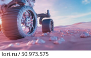 Autonomous planetary exploration vehicle's robust wheels navigate a barren celestial terrain under a gradient twilight sky. Стоковое AI-видео, аниматор Данила Большаков / Фотобанк Лори