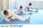 Teacher and followers perform warm-up exercises and legs stretching. Стоковое видео, видеограф Яков Филимонов / Фотобанк Лори