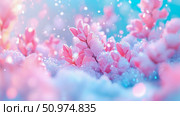 Pink Flowers in Winter Wonderland: A Dreamy Snowscape. Стоковое AI-изображение, AI-художник Данила Большаков / Фотобанк Лори