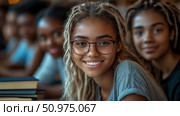 Portrait of a smiling young woman with dreadlocks and glasses, among blurred classmates. Стоковое AI-изображение, AI-художник Данила Большаков / Фотобанк Лори