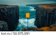 Oceanic chasm with a blank yellow signpost: dramatic coastal scenery featuring rugged cliffs, turbulent waters, and a solitary, unlabeled warning sign. Стоковое AI-изображение, AI-художник Данила Большаков / Фотобанк Лори