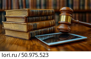 Gavel, Law Books, and Tablet: Modern Legal Technology. Стоковое AI-изображение, AI-художник Данила Большаков / Фотобанк Лори