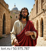 In the heart of Jerusalem, a poised figure, resembling Christ Jesus, walks gracefully along a cobblestone path, surrounded by ancient stone buildings under a bright blue sky Generative AI. Стоковое AI-изображение, AI-художник Юлия Петровская / Фотобанк Лори