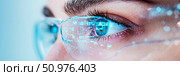 Close-up of a Woman's Eye with Futuristic Glasses Showing Digital Data Overlay. Стоковое AI-изображение, AI-художник Данила Большаков / Фотобанк Лори