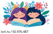 Two Girls Enchantingly Reading a Book Amidst a Floral Wonderland. Стоковое AI-изображение, AI-художник Данила Большаков / Фотобанк Лори