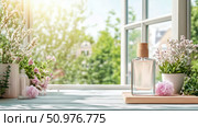 Scented Fragrance Bottle on Windowsill with Spring Flowers: A Relaxing Atmosphere. Стоковое AI-изображение, AI-художник Данила Большаков / Фотобанк Лори