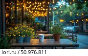 Romantic Evening at a Coffee Shop: A Cozy Table Setting with Flowers and a Heart-Shaped Latte Mug. Стоковое AI-изображение, AI-художник Данила Большаков / Фотобанк Лори