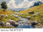 A picturesque watercolor illustration of a pastoral landscape with a flock of sheep grazing. Summer day, bright wildflowers, a crystal clear stream, hills and mountains on the horizon create an atmosphere of peace and comfort. A wagon with hay completes the rural idyll. Ideal for book design, postcards, interior design, advertising of ecotourism and agriculture. Стоковое AI-изображение, AI-художник Анна Кривицкая / Фотобанк Лори