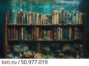 An unusual underwater library image - a wooden bookcase full of ancient books is completely submerged in water. Corals, sea plants and algae break through the volumes, creating a fabulous atmosphere of sunken knowledge. This scene is reminiscent of a forgotten civilization, the secrets of the past and the power of knowledge eluding centuries. Ideal for themes at the intersection of culture, fantasy and ecology. Стоковое AI-изображение, AI-художник Анна Кривицкая / Фотобанк Лори