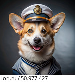 Corgi Dressed In A Navy Captains Uniform With A Smiling Face. Generative AI. Стоковое AI-изображение, AI-художник Roman Zavorotny / Фотобанк Лори