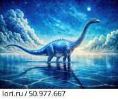 A Blue Dinosaur Swimming Beneath a Starry Sky. Generative AI. Стоковое AI-изображение, AI-художник Roman Zavorotny / Фотобанк Лори