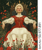 Illustration in the style of symbolism and retro graphics: a majestic woman with a proud expression sits on a throne among bright red poppies. Her outfit in the spirit of European Baroque - a red corset with gold decorations and a lush white skirt - emphasizes her royal dignity. The throne is decorated with gold elements, behind her is a stylized crown of ears of corn and swords. The atmosphere of the image is strength, feminine power, pride and connection with nature. Suitable for art projects, book design, posters and collections related to female archetypes. Стоковое AI-изображение, AI-художник Анна Кривицкая / Фотобанк Лори