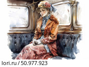 Atmospheric watercolor illustration of a woman in vintage clothes from the early 20th century, sitting in an old train carriage. She is dressed in an elegant dress with a floral pattern, a hat with a ribbon and flowers, gloves and a coat with a fur collar. Her image is full of sophistication, thoughtfulness and a sense of time. The interior of the carriage emphasizes the era - soft sofas, carved details, a large window. Ideal for themes of travel, fashion history, nostalgia and vintage aesthetics. Стоковое AI-изображение, AI-художник Анна Кривицкая / Фотобанк Лори
