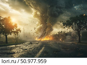 Tornado ripping through a city street, demonstrating the violent effects of natural disasters. For educational, weather forecasting, and emergency preparedness materials. Стоковое AI-изображение, AI-художник Лариса Пономарева / Фотобанк Лори