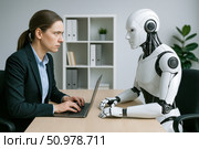 Businesswoman facing artificial intelligence robot competitor, digital transformation, office rivalry, future of jobs, technology disruption. Стоковое AI-изображение, AI-художник Павел Муравьев / Фотобанк Лори