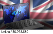 Vector 3d open mobile computer laptop. Volumetric letters VPN, world map with circles on gadget screen. Background, blurred wavy curved flag of Great Britain. Internet traffic. Bypassing blockages. ВПН. Стоковая иллюстрация, иллюстратор GAlexS / Фотобанк Лори