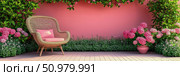 Peaceful Patio Scene: Wicker Chair Amidst Blooming Hydrangeas and Lush Greenery. Стоковое AI-изображение, AI-художник Данила Большаков / Фотобанк Лори