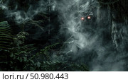 A dark and eerie forest shrouded in fog, with pairs of glowing red eyes peering out from the shadows. Стоковое AI-изображение, AI-художник Данила Большаков / Фотобанк Лори
