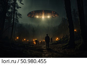 A person stands facing a hovering UFO illuminating the rain-soaked forest with fiery beams as figures with torches converge towards the spectacle. Стоковое AI-изображение, AI-художник Данила Большаков / Фотобанк Лори