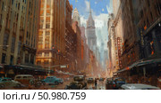 A painting depicting a city street packed with vehicles and pedestrians moving in various directions, showcasing the chaos of urban traffic. Стоковое AI-изображение, AI-художник Данила Большаков / Фотобанк Лори